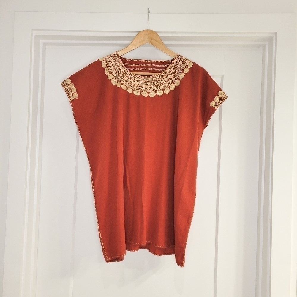Women's Tribal Blouse size S/M Orange color embroidery detail